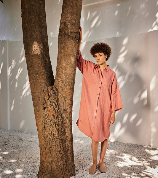 Rose blossom shirt dress by Khara Kapas with Casual Wear, Dresses, For Anniversary, Linen, Oh Susanna by Khara Kapas, Organic, Pink, Relaxed Fit, Shirt Dresses, Solids, Womenswear at Kamakhyaa for sustainable fashion
