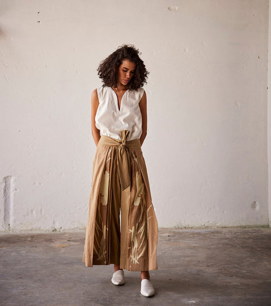 Brown Flared Pleated Palazzo by Khara Kapas with An Indian Summer, An Indian Summer by Khara Kapas, Brown, Casual Wear, Mul-Cotton, Organic, Relaxed Fit, Solid, Trousers, Womenswear at Kamakhyaa for sustainable fashion