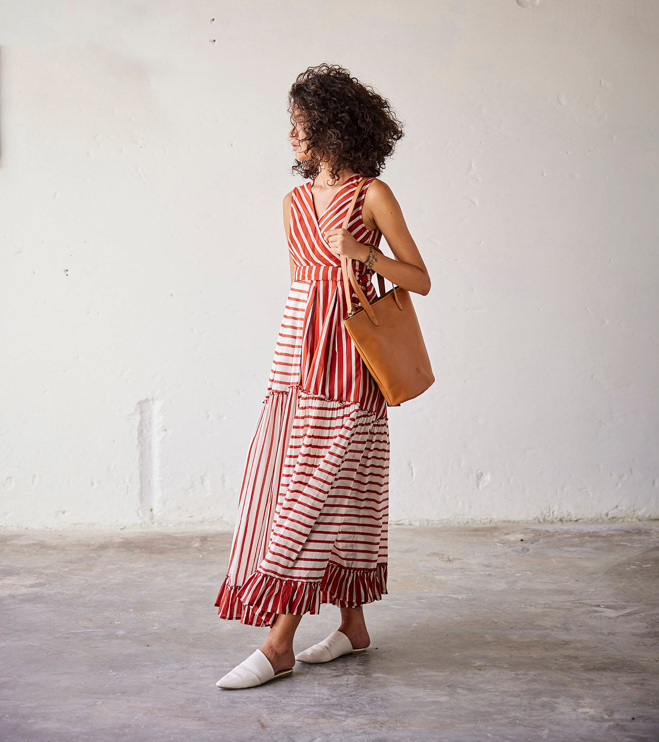 Red And Off White Stripped Mulmul Frilled Dress by Khara Kapas with An Indian Summer, An Indian Summer by Khara Kapas, Casual Wear, Dresses, Mulmul cotton, Off white, Orange, Organic, Relaxed Fit, Stripes, Womenswear at Kamakhyaa for sustainable fashion