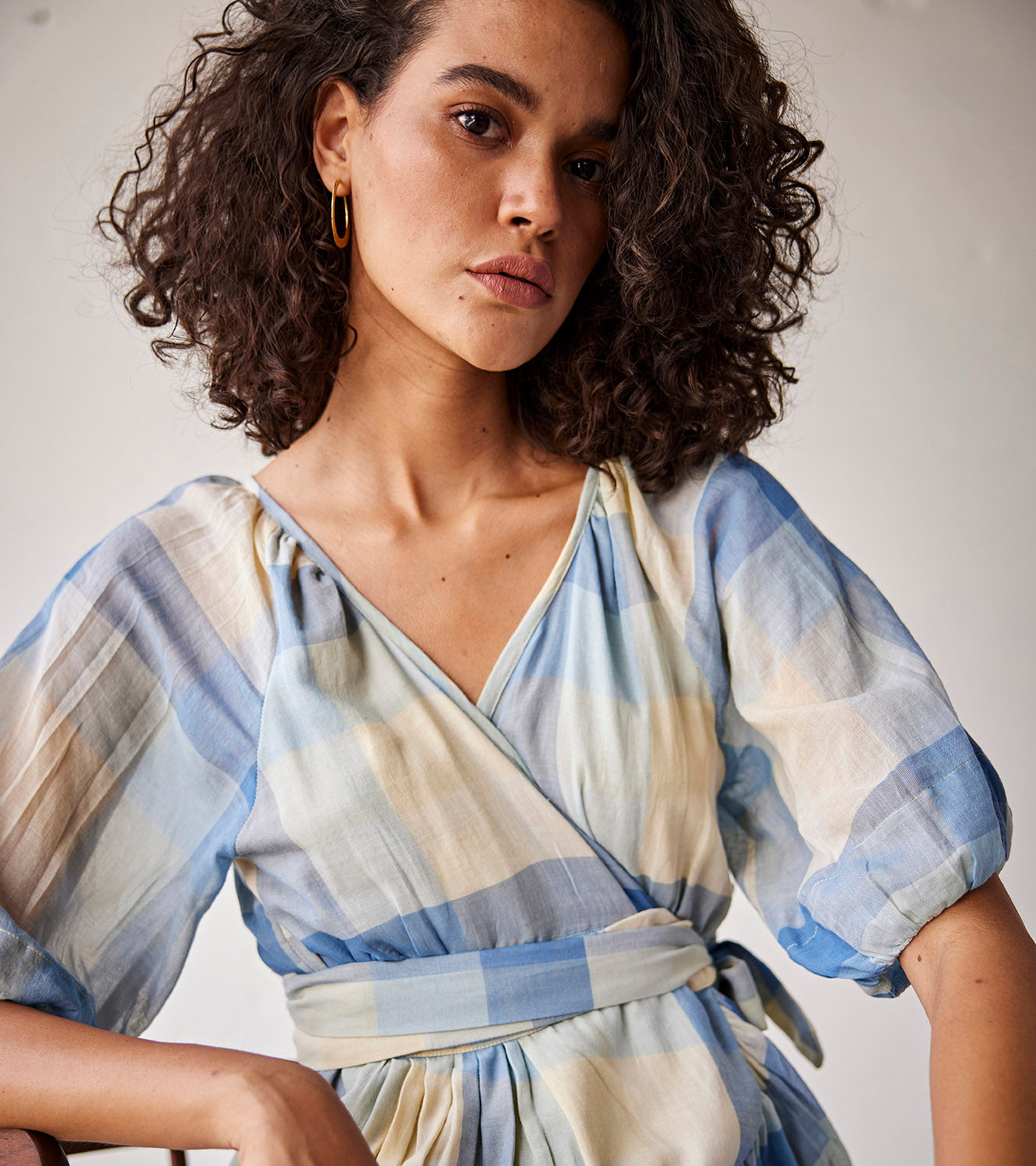 Blue Checks Cotton Knot Wrap Dress by Khara Kapas with An Indian Summer, An Indian Summer by Khara Kapas, Blue, Casual Wear, Checks, Dresses, Mulmul cotton, Organic, Relaxed Fit, Womenswear at Kamakhyaa for sustainable fashion