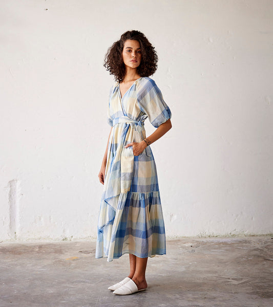 Blue Checks Cotton Knot Wrap Dress by Khara Kapas with An Indian Summer, An Indian Summer by Khara Kapas, Blue, Casual Wear, Checks, Dresses, Mulmul cotton, Organic, Relaxed Fit, Womenswear at Kamakhyaa for sustainable fashion