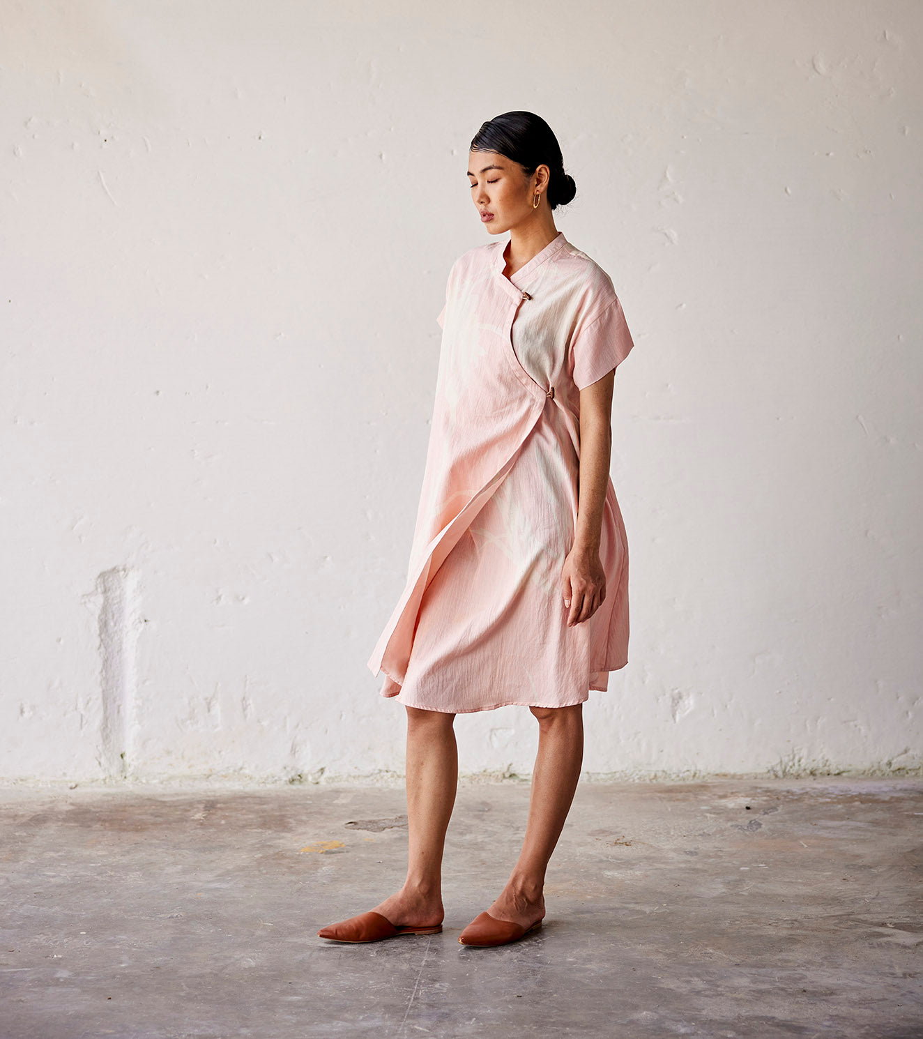 Pink Overlapped Panel Dress by Khara Kapas with An Indian Summer, An Indian Summer by Khara Kapas, Casual Wear, Dresses, Mulmul cotton, Organic, Pink, Prints, Relaxed Fit, Womenswear at Kamakhyaa for sustainable fashion