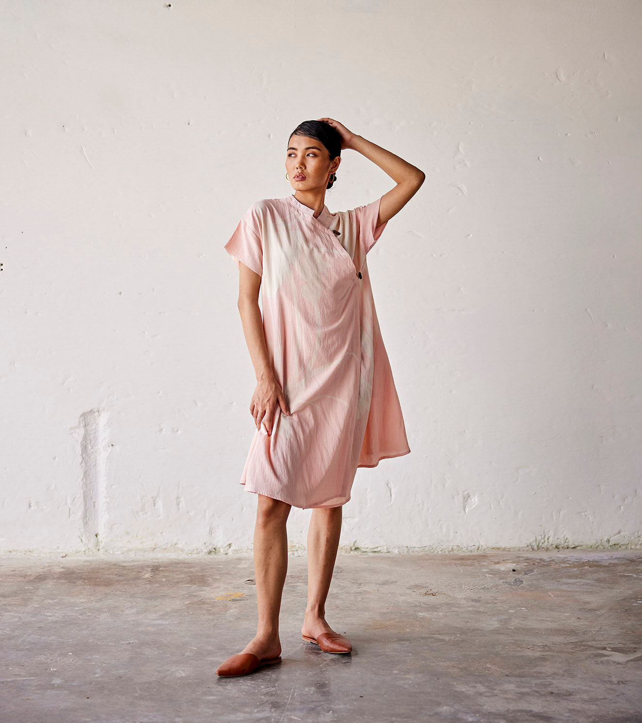 Pink Overlapped Panel Dress by Khara Kapas with An Indian Summer, An Indian Summer by Khara Kapas, Casual Wear, Dresses, Mulmul cotton, Organic, Pink, Prints, Relaxed Fit, Womenswear at Kamakhyaa for sustainable fashion