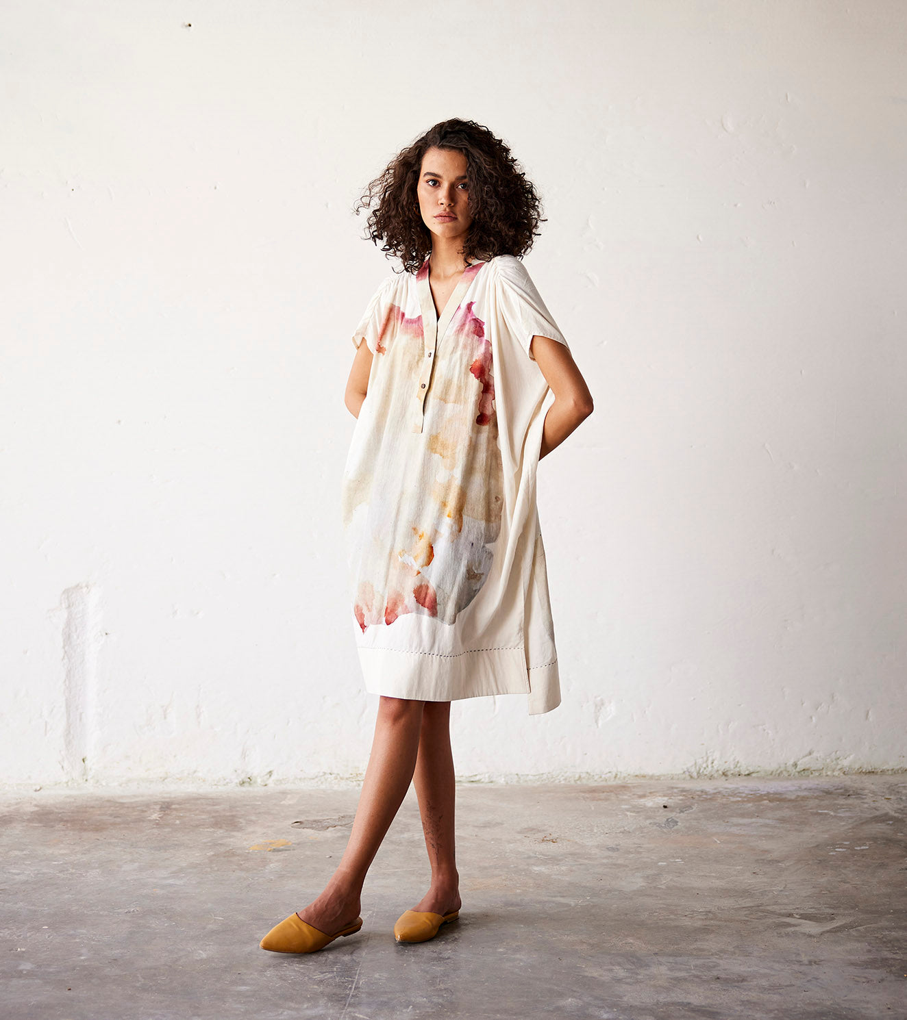 Off White Printed Mulmul Kaftan Dress by Khara Kapas with An Indian Summer, An Indian Summer by Khara Kapas, Casual Wear, Kaftans, Mul-Cotton, Off white, Organic, Printed, Relaxed Fit, Womenswear at Kamakhyaa for sustainable fashion