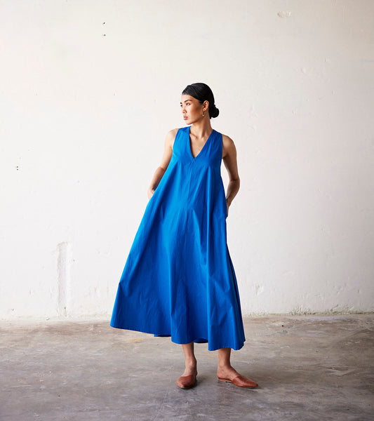 Blue V Neck Poplin Dress With Criss Cross Back by Khara Kapas with An Indian Summer, An Indian Summer by Khara Kapas, Blue, Casual Wear, Dresses, Organic, Poplin, Relaxed Fit, Solids, Womenswear at Kamakhyaa for sustainable fashion
