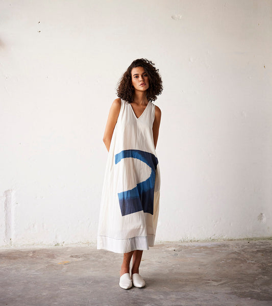 Off White And Blue Mulmul Midi Dress by Khara Kapas with An Indian Summer, An Indian Summer by Khara Kapas, Casual Wear, Midi Dress, Midi Dresses, Mul-Cotton, Off white, Organic, Relaxed Fit, Solid, Womenswear at Kamakhyaa for sustainable fashion