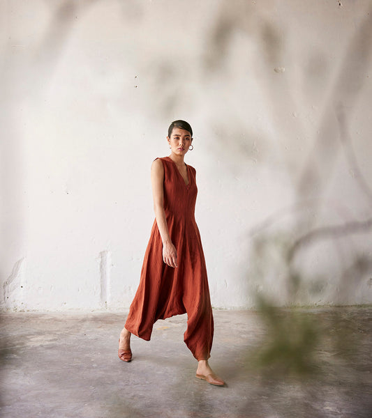 Red Linen Jumpsuit by Khara Kapas with An Indian Summer, An Indian Summer by Khara Kapas, Casual Wear, Jumpsuits, Organic, Poplin, Red, Solids, Womenswear at Kamakhyaa for sustainable fashion