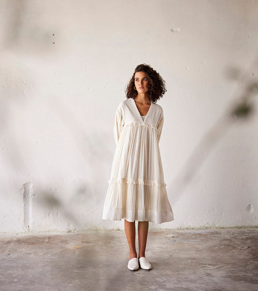 White Mulmul Cotton Dress by Khara Kapas with An Indian Summer, An Indian Summer by Khara Kapas, Casual Wear, Dresses, Linen, Mulmul cotton, Organic, Relaxed Fit, Solids, White, Womenswear at Kamakhyaa for sustainable fashion