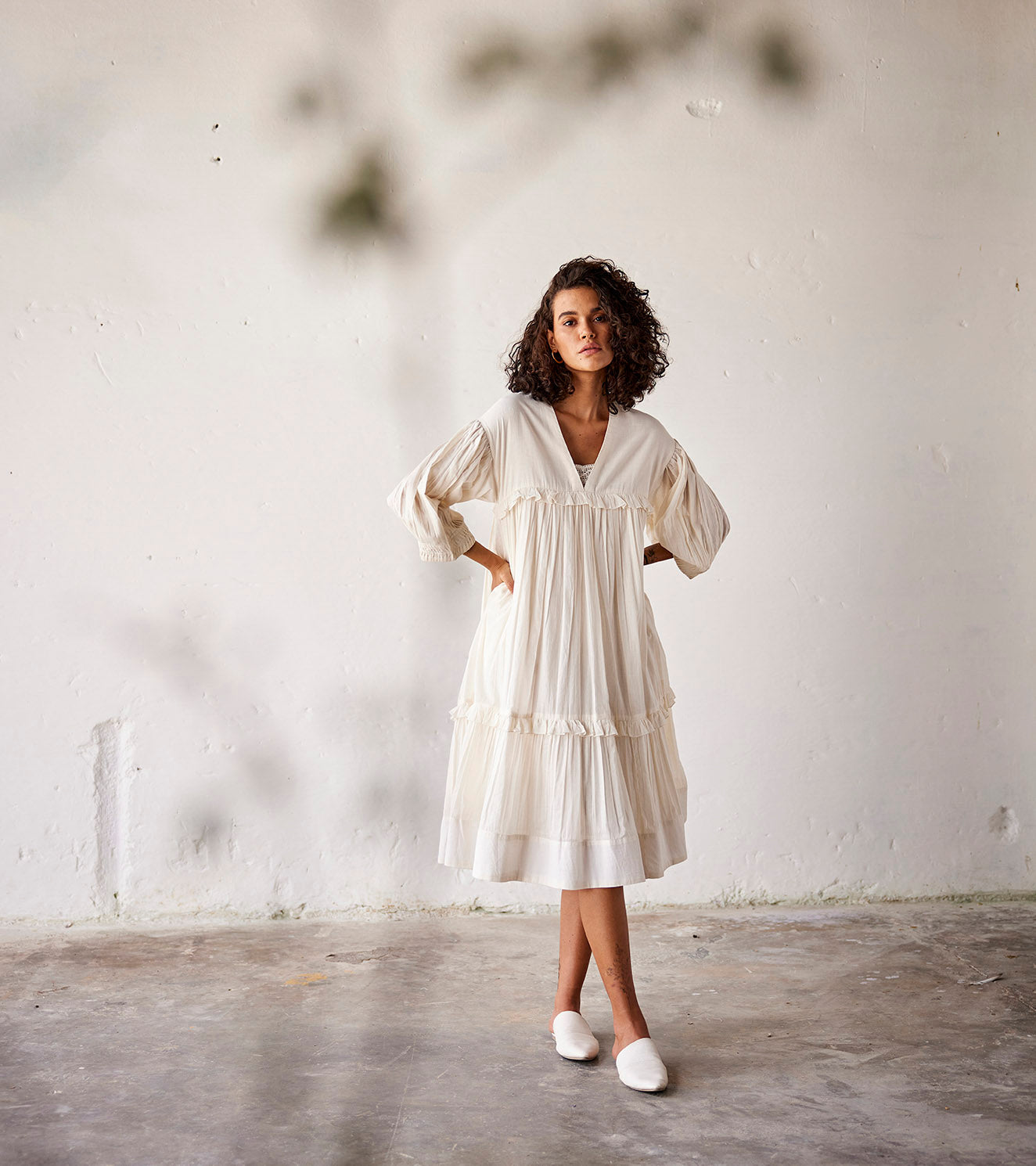 White Mulmul Cotton Dress by Khara Kapas with An Indian Summer, An Indian Summer by Khara Kapas, Casual Wear, Dresses, Linen, Mulmul cotton, Organic, Relaxed Fit, Solids, White, Womenswear at Kamakhyaa for sustainable fashion