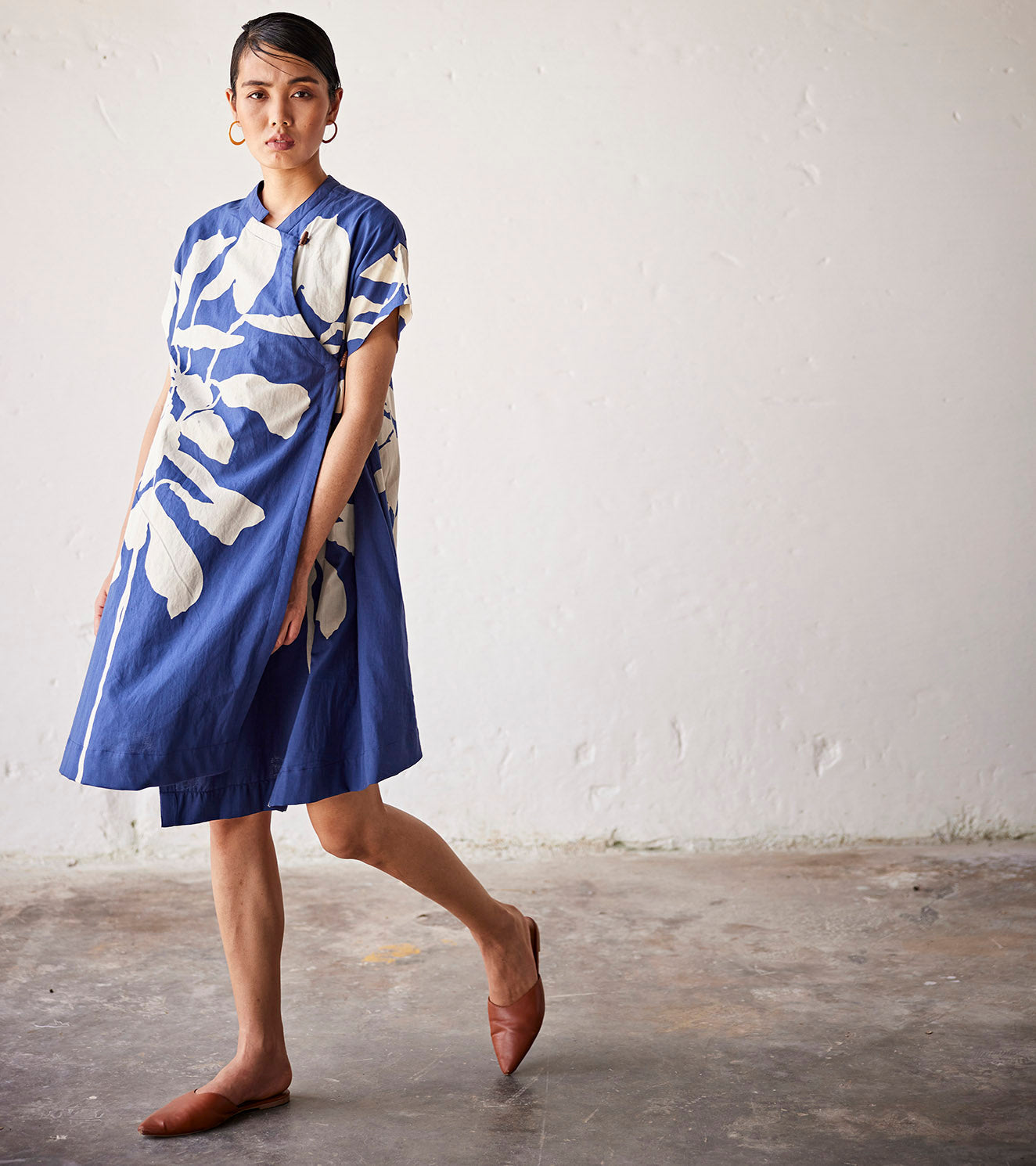 Blue Mulmul Overlap Cotton Dress by Khara Kapas with An Indian Summer, An Indian Summer by Khara Kapas, Blue, Casual Wear, Dresses, Mulmul cotton, Organic, Prints, Relaxed Fit, Womenswear at Kamakhyaa for sustainable fashion