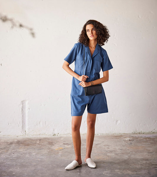 Blue Herringbone cotton Jumpsuit by Khara Kapas with An Indian Summer, An Indian Summer by Khara Kapas, Blue, Casual Wear, Herringbone cotton, Jumpsuit, Organic, Relaxed Fit, Solids, Womenswear at Kamakhyaa for sustainable fashion