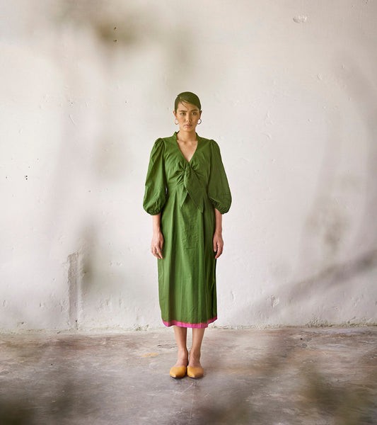 Green Mulmul Cotton Dress by Khara Kapas with An Indian Summer, An Indian Summer by Khara Kapas, Casual Wear, Green, Mulmul, Mulmul cotton, Relaxed Fit, Solids, Womenswear, Wrap Dresses at Kamakhyaa for sustainable fashion