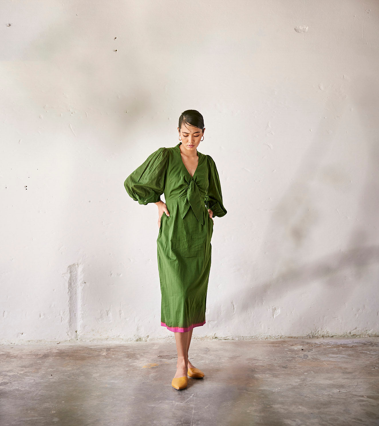 Green Mulmul Cotton Dress by Khara Kapas with An Indian Summer, An Indian Summer by Khara Kapas, Casual Wear, Green, Mulmul, Mulmul cotton, Relaxed Fit, Solids, Womenswear, Wrap Dresses at Kamakhyaa for sustainable fashion