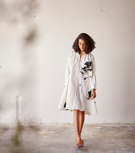 White Poplin Dress by Khara Kapas with An Indian Summer, An Indian Summer by Khara Kapas, Casual Wear, Dresses, Mulmul cotton, Organic, Prints, Relaxed Fit, White, Womenswear at Kamakhyaa for sustainable fashion