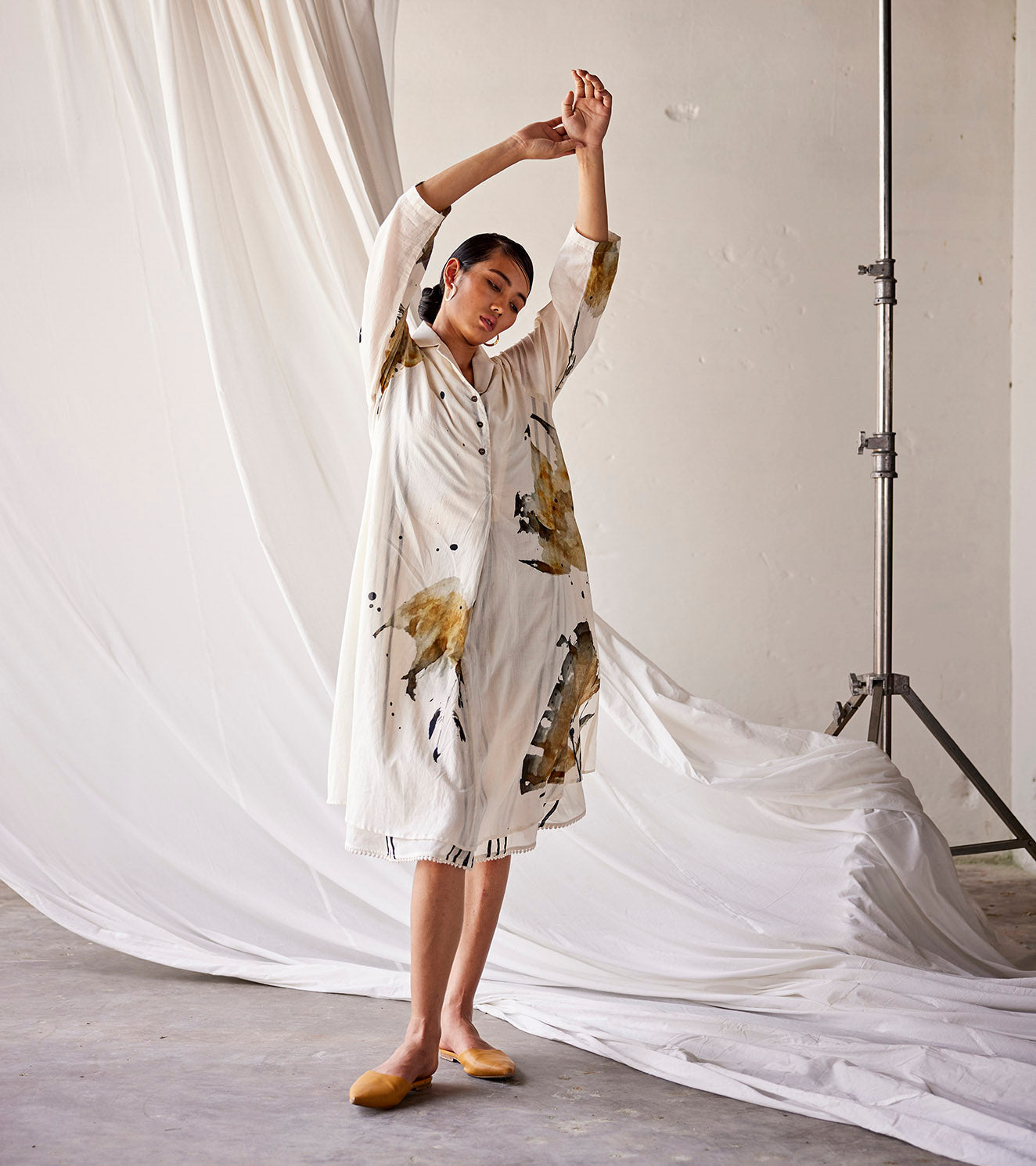Off white Mulmul Cotton Dress by Khara Kapas with An Indian Summer, An Indian Summer by Khara Kapas, Casual Wear, Dresses, Mulmul cotton, Off white, Organic, Prints, Relaxed Fit, Womenswear at Kamakhyaa for sustainable fashion