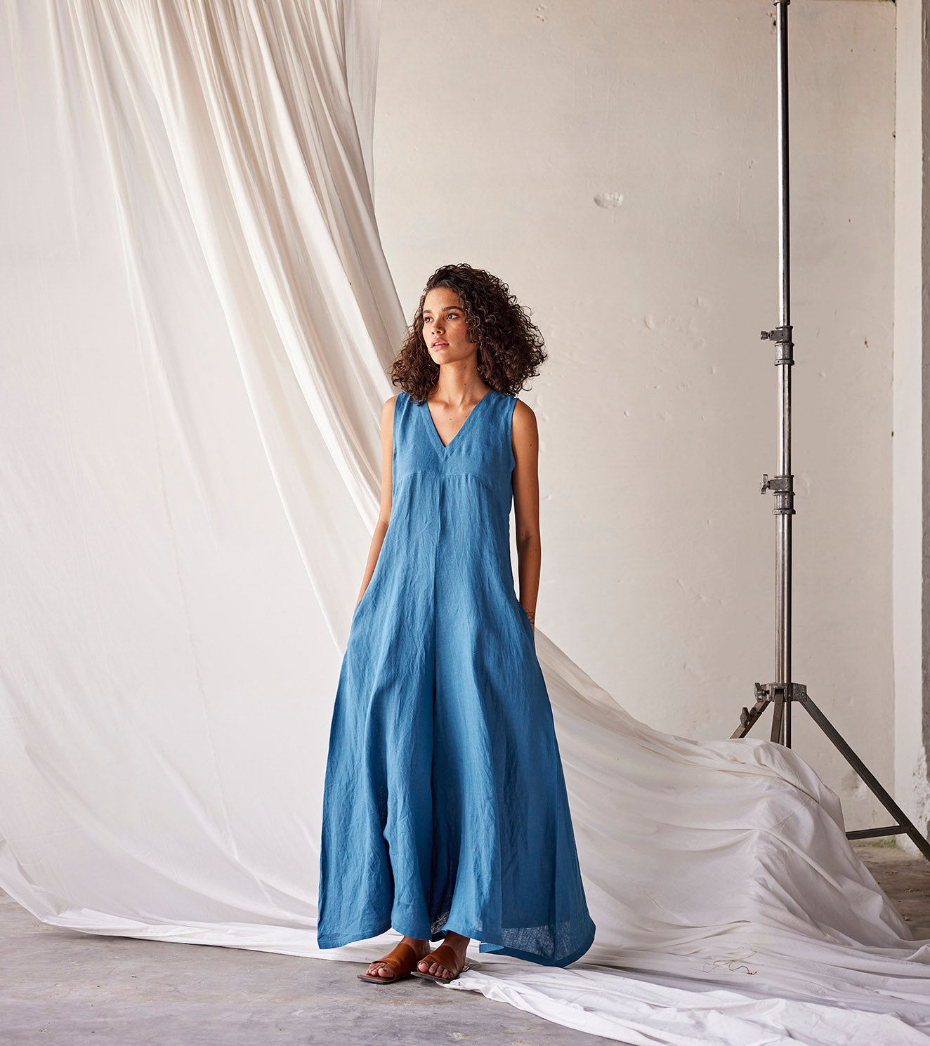 Blue Linen Jumpsuit by Khara Kapas with An Indian Summer, An Indian Summer by Khara Kapas, Blue, Casual Wear, Jumpsuit, Linen, Organic, Relaxed Fit, Solids, Womenswear at Kamakhyaa for sustainable fashion