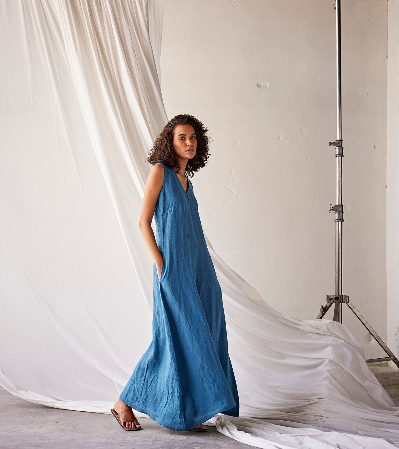 Blue Linen Jumpsuit by Khara Kapas with An Indian Summer, An Indian Summer by Khara Kapas, Blue, Casual Wear, Jumpsuit, Linen, Organic, Relaxed Fit, Solids, Womenswear at Kamakhyaa for sustainable fashion