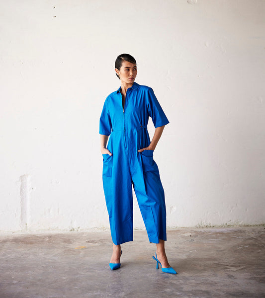 Blue Poplin Jumpsuit by Khara Kapas with An Indian Summer, An Indian Summer by Khara Kapas, Blue, Casual Wear, Jumpsuit, Organic, Poplin, Relaxed Fit, Solids, Womenswear at Kamakhyaa for sustainable fashion