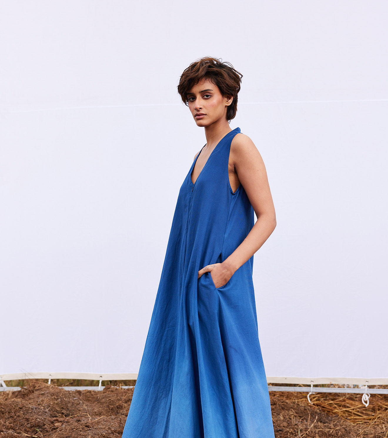 Blue Khadi Jumpsuit by Khara Kapas with 100% Cotton, Blue, Diana by Khara Kapas, easystyle, handcrafted, Jumpsuits, Khadi, kharakapas, Womenswear at Kamakhyaa for sustainable fashion