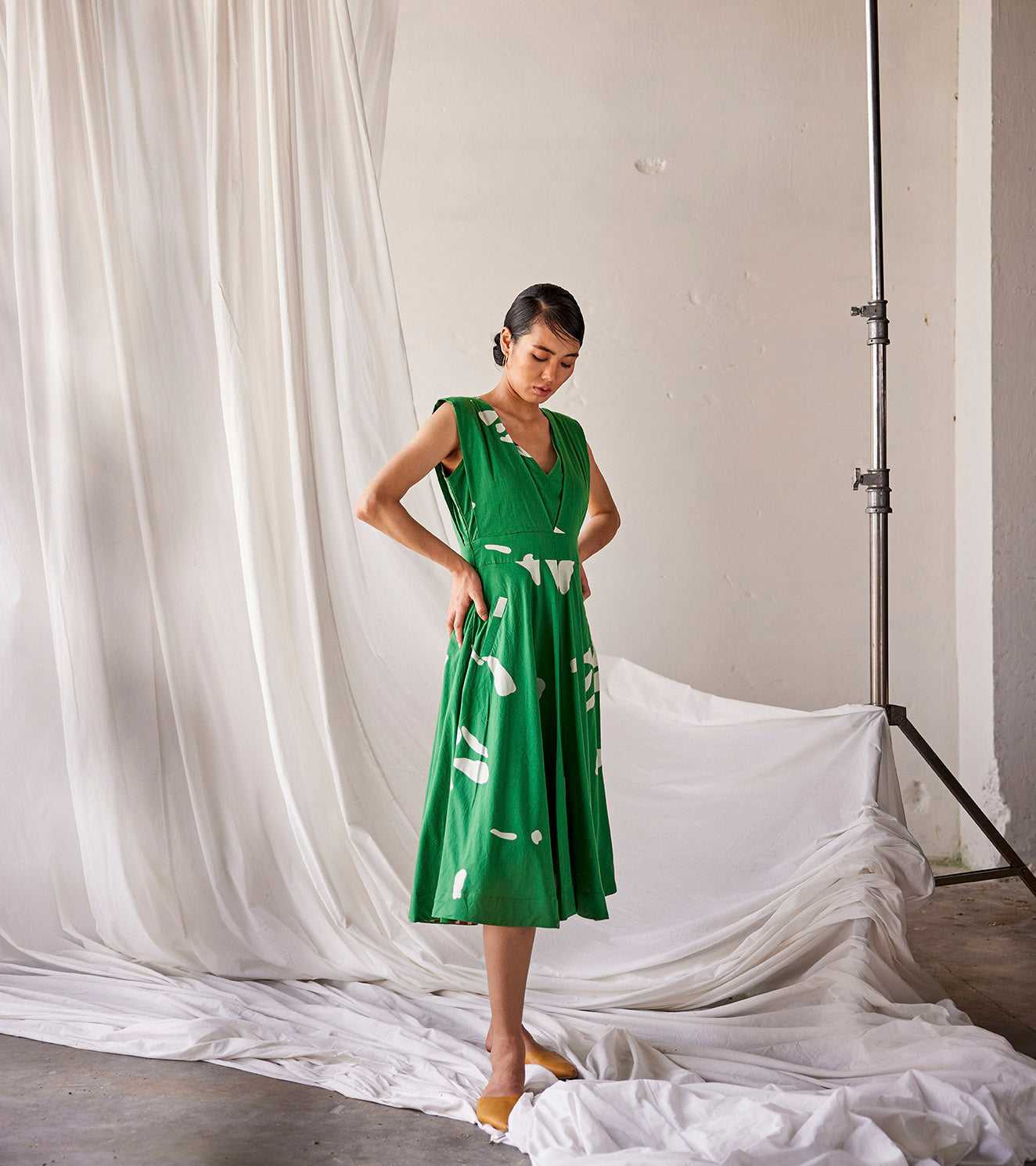 Green Sleeveless Mulmul Cotton Dress by Khara Kapas with An Indian Summer, An Indian Summer by Khara Kapas, Casual Wear, Dresses, Green, Mulmul cotton, Organic, Prints, Womenswear at Kamakhyaa for sustainable fashion