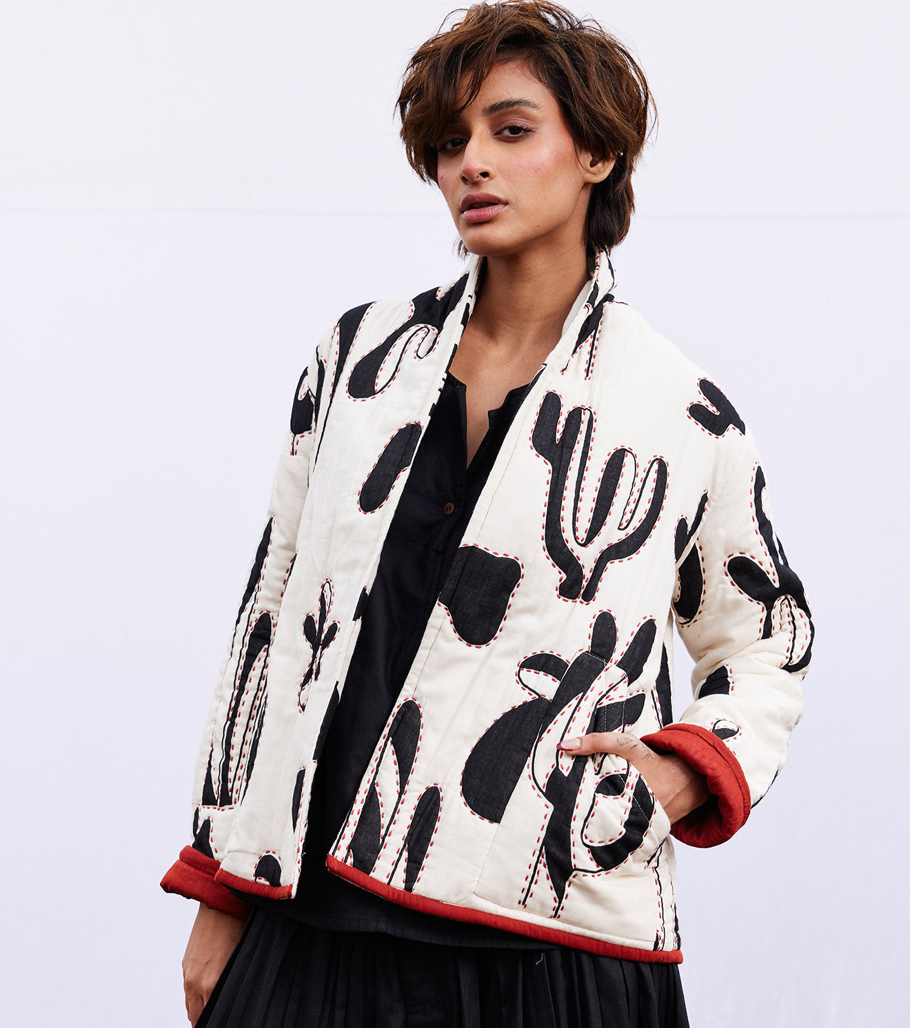 Black and White Printed Cotton Jacket by Khara Kapas with 100% Cotton, Black, Diana by Khara Kapas, handcrafted, handmade, jacket, Ombres & Dyes, pure cotton, White, Womenswear at Kamakhyaa for sustainable fashion
