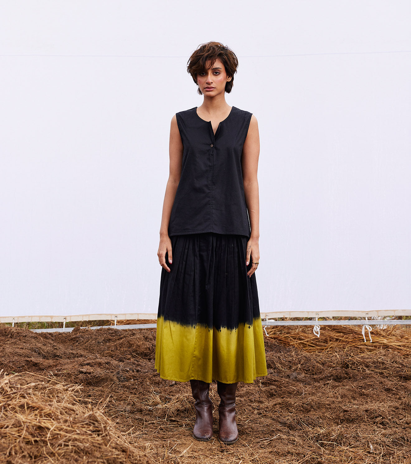 Black and Yellow Dye Co-ord Set by Khara Kapas with 100% Cotton, Black, Co-ord Sets, Diana by Khara Kapas, easystyle, handcrafted, kharakapas, Ombres & Dyes, Womenswear at Kamakhyaa for sustainable fashion