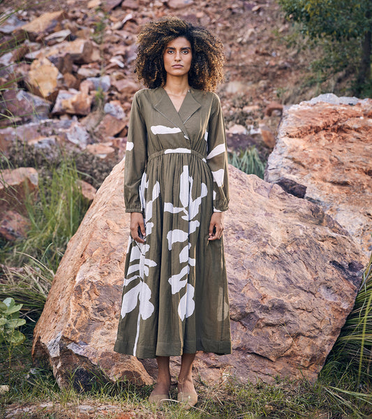 Green Printed Midi Dress by Khara Kapas with 100% Cotton, Casual Wear, Green, Midi Dresses, Organic, Printed Selfsame, Prints, Regular Fit, Under The Autumn Moon A/W 2022, Under The Autumn Moon by Khara Kapas, Womenswear, Wrap Dresses at Kamakhyaa for sustainable fashion