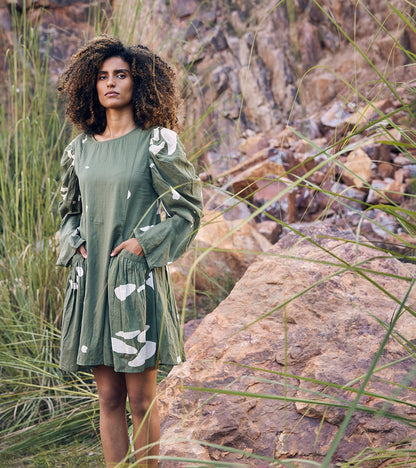 The Sense Dress Dresses 100% Cotton, Casual Wear, Green, Mini Dresses, Organic, Prints, Regular Fit, Under The Autumn Moon A/W 2022 Khara Kapas Kamakhyaa