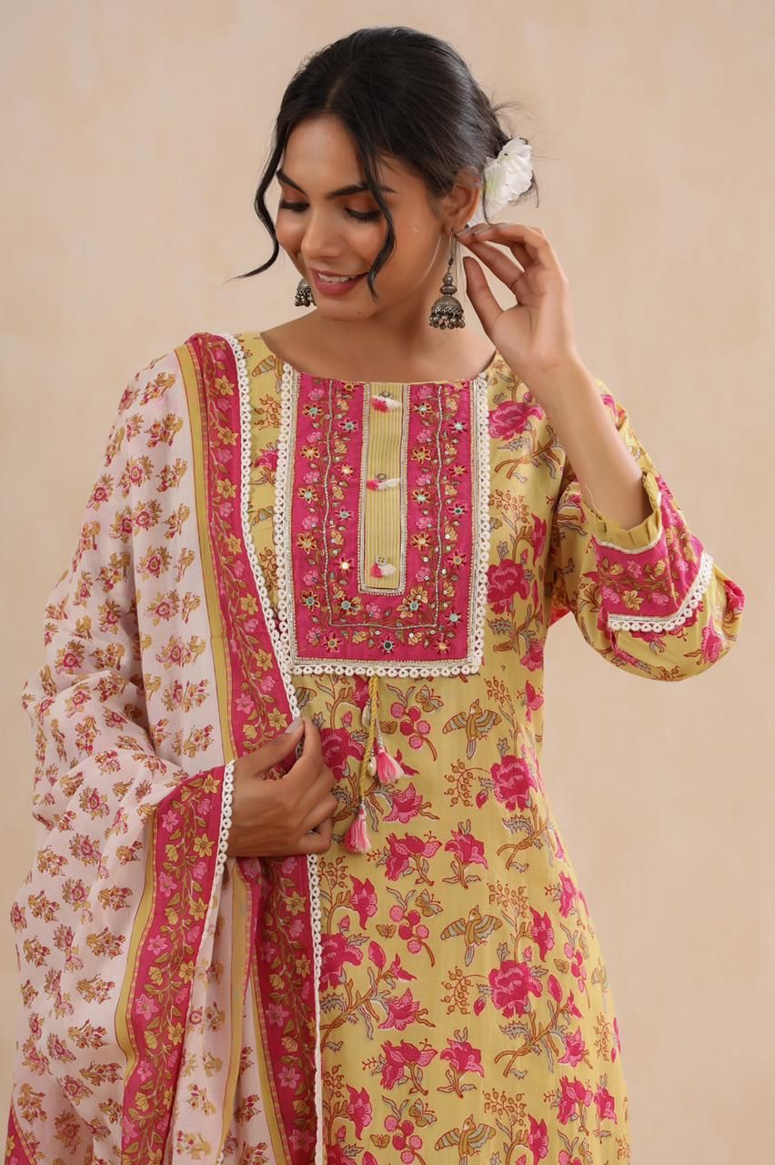 Block Print Three Piece Set by Indian Wear with Block Prints, Cotton, Ethnic Wear, Kurta Pant Sets, Kurta Set with Dupattas, Natural, Regular Fit, Womenswear, Yellow at Kamakhyaa for sustainable fashion