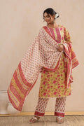 Block Print Three Piece Set by Indian Wear with Block Prints, Cotton, Ethnic Wear, Kurta Pant Sets, Kurta Set with Dupattas, Natural, Regular Fit, Womenswear, Yellow at Kamakhyaa for sustainable fashion