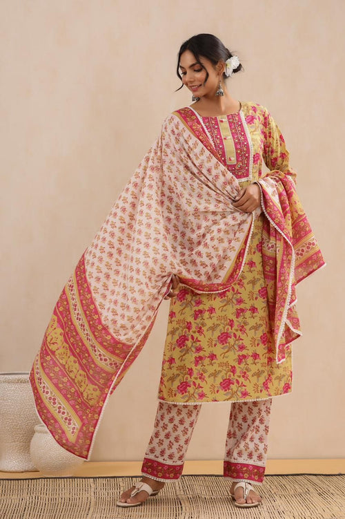 Block Print Three Piece Set by Indian Wear with Block Prints, Cotton, Ethnic Wear, Kurta Pant Sets, Kurta Set with Dupattas, Natural, Regular Fit, Womenswear, Yellow at Kamakhyaa for sustainable fashion