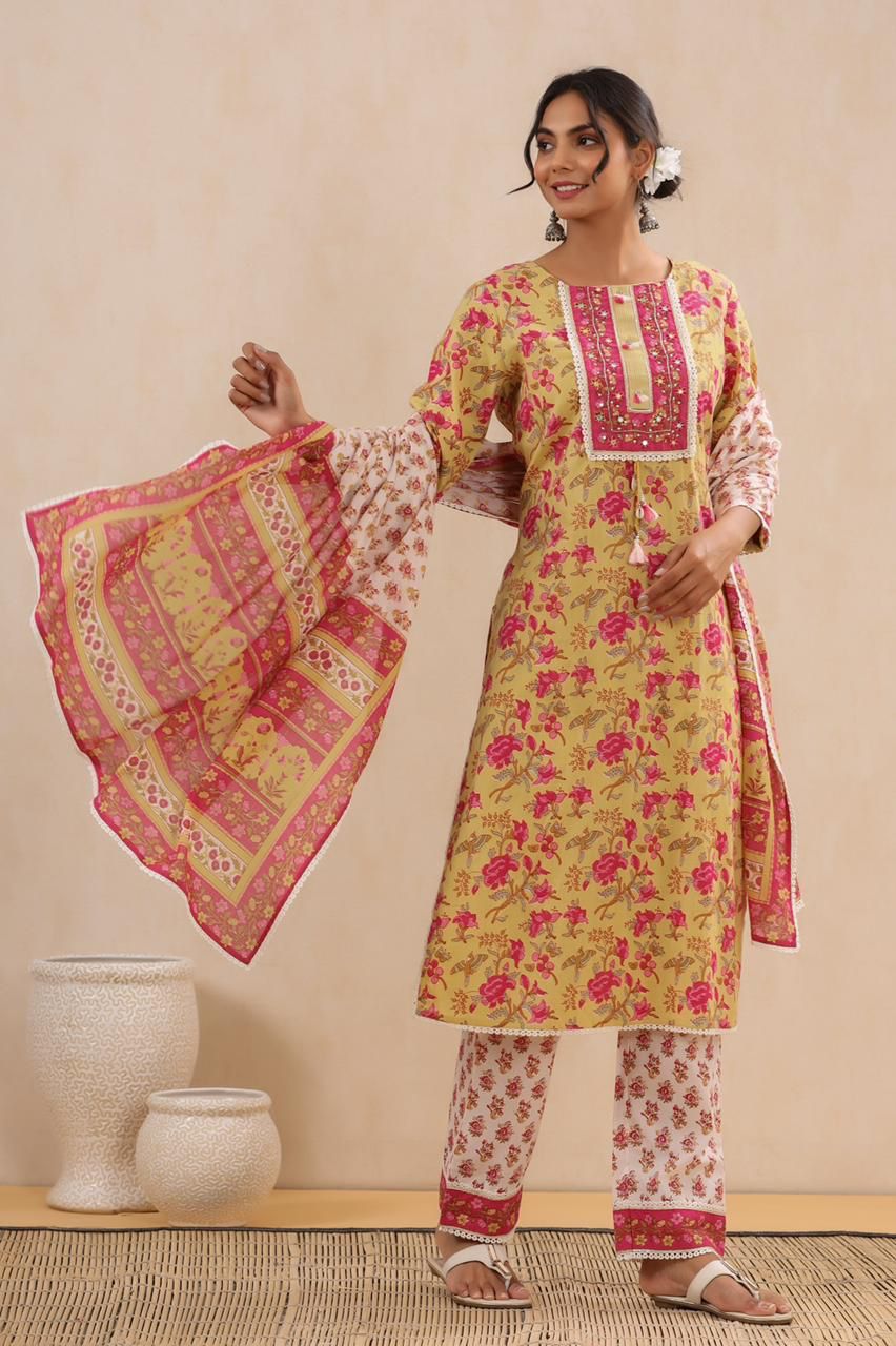 Block Print Three Piece Set by Indian Wear with Block Prints, Cotton, Ethnic Wear, Kurta Pant Sets, Kurta Set with Dupattas, Natural, Regular Fit, Womenswear, Yellow at Kamakhyaa for sustainable fashion
