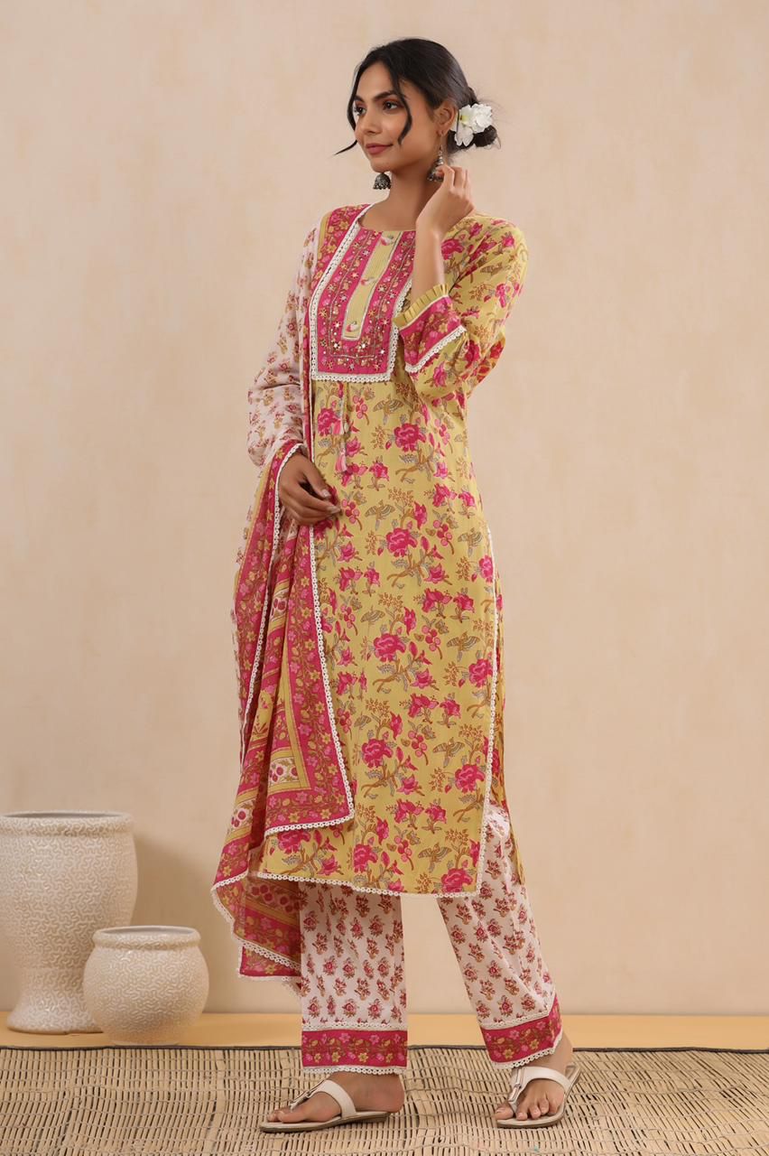 Block Print Three Piece Set by Indian Wear with Block Prints, Cotton, Ethnic Wear, Kurta Pant Sets, Kurta Set with Dupattas, Natural, Regular Fit, Womenswear, Yellow at Kamakhyaa for sustainable fashion