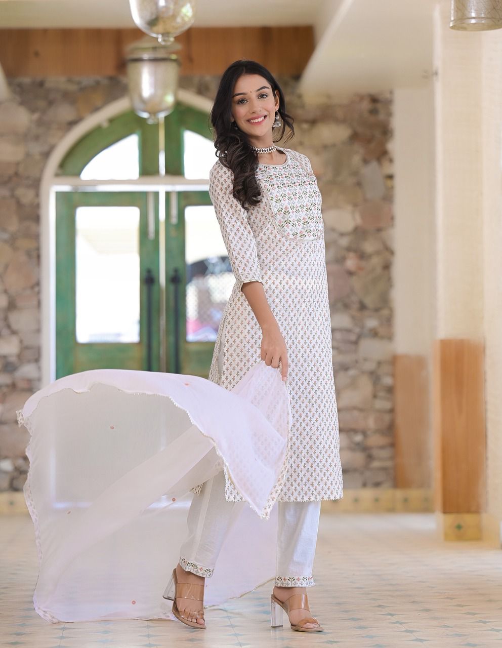 White Printed Kurta Set With Dupatta by Indian Wear with Cotton, Ethnic Wear, Kurta Pant Sets, Kurta Set with Dupattas, Natural, Prints, Regular Fit, White, Womenswear at Kamakhyaa for sustainable fashion