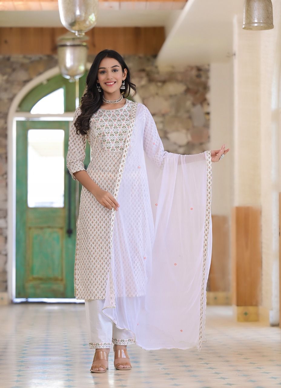 White Printed Kurta Set With Dupatta by Indian Wear with Cotton, Ethnic Wear, Kurta Pant Sets, Kurta Set with Dupattas, Natural, Prints, Regular Fit, White, Womenswear at Kamakhyaa for sustainable fashion