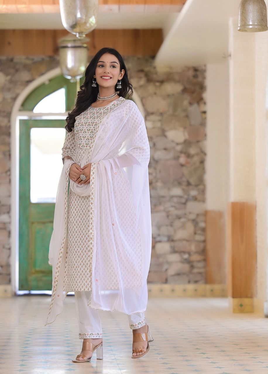 White Printed Kurta Set With Dupatta by Indian Wear with Cotton, Ethnic Wear, Kurta Pant Sets, Kurta Set with Dupattas, Natural, Prints, Regular Fit, White, Womenswear at Kamakhyaa for sustainable fashion