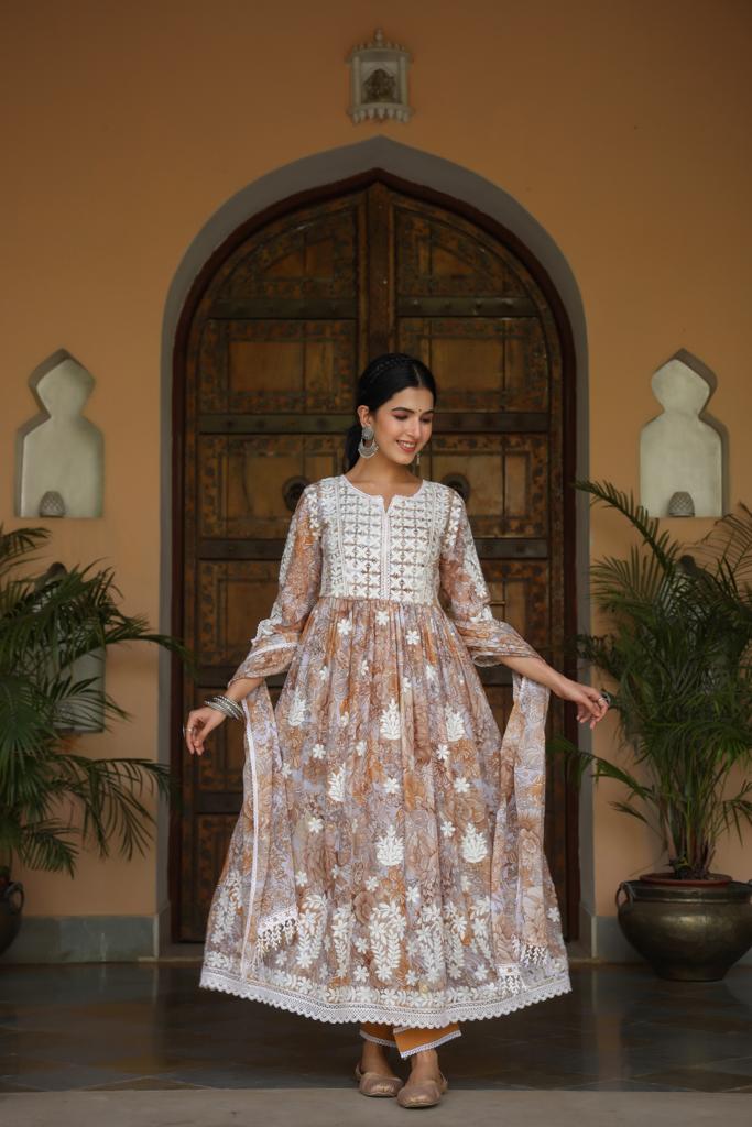 Brown Lace Embroidered Kurta Set With Dupatta by Indian Wear with Brown, Cotton, Ethnic Wear, Festive Wear, Kurta Pant Sets, Kurta Set with Dupattas, Natural, Regular Fit, White, Womenswear at Kamakhyaa for sustainable fashion