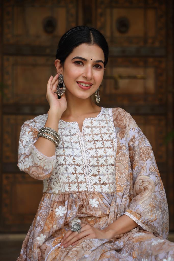 Brown Lace Embroidered Kurta Set With Dupatta by Indian Wear with Brown, Cotton, Ethnic Wear, Festive Wear, Kurta Pant Sets, Kurta Set with Dupattas, Natural, Regular Fit, White, Womenswear at Kamakhyaa for sustainable fashion