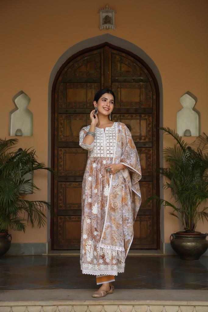 Brown Lace Embroidered Kurta Set With Dupatta by Indian Wear with Brown, Cotton, Ethnic Wear, Festive Wear, Kurta Pant Sets, Kurta Set with Dupattas, Natural, Regular Fit, White, Womenswear at Kamakhyaa for sustainable fashion