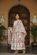 Brown Lace Embroidered Kurta Set With Dupatta by Indian Wear with Brown, Cotton, Ethnic Wear, Festive Wear, Kurta Pant Sets, Kurta Set with Dupattas, Natural, Regular Fit, White, Womenswear at Kamakhyaa for sustainable fashion