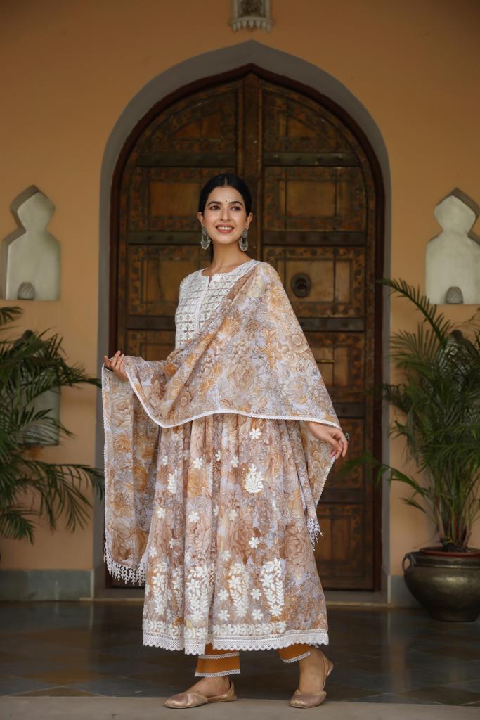 Brown Lace Embroidered Kurta Set With Dupatta by Indian Wear with Brown, Cotton, Ethnic Wear, Festive Wear, Kurta Pant Sets, Kurta Set with Dupattas, Natural, Regular Fit, White, Womenswear at Kamakhyaa for sustainable fashion