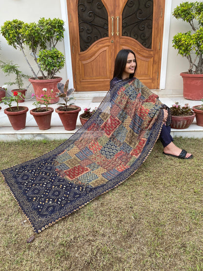 Blue Kantha Kurta Set With Dupatta by Indian Wear with Blue, Casual Wear, Chanderi, Cotton, Ethnic Wear, Kurta Pant Sets, Kurta Set with Dupattas, Natural, Regular Fit, Womenswear at Kamakhyaa for sustainable fashion