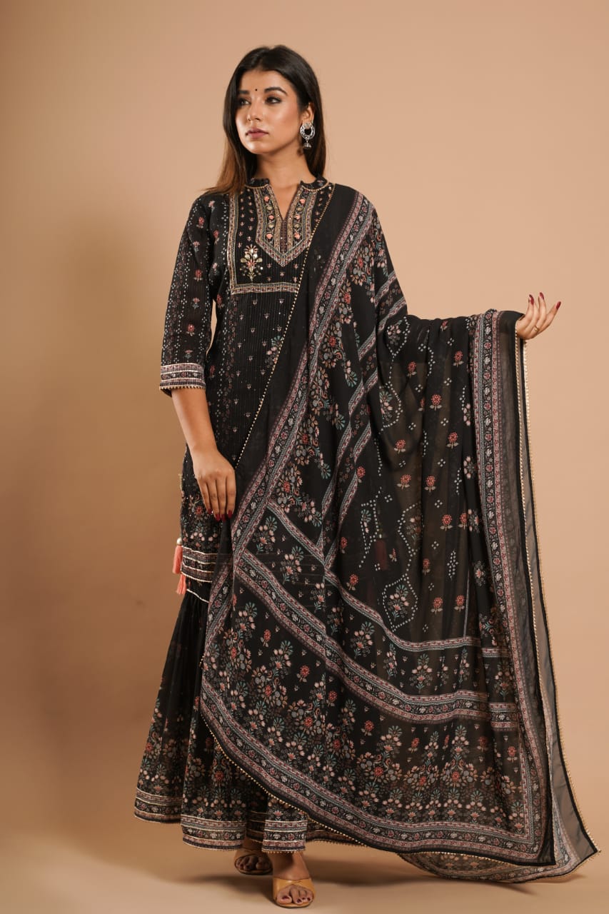 Black Sharara Set by Indian Wear with Black, Ethnic Wear, Georgette, Natural, Prints, Regular Fit, Sharara Sets, Shararas, Womenswear at Kamakhyaa for sustainable fashion