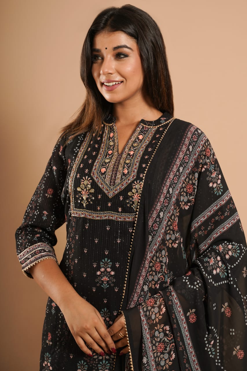 Black Sharara Set by Indian Wear with Black, Ethnic Wear, Georgette, Natural, Prints, Regular Fit, Sharara Sets, Shararas, Womenswear at Kamakhyaa for sustainable fashion