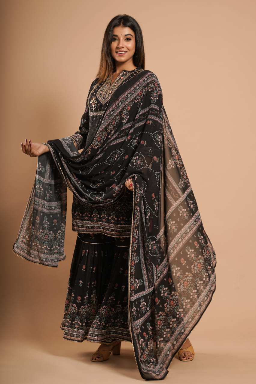 Black Sharara Set by Indian Wear with Black, Ethnic Wear, Georgette, Natural, Prints, Regular Fit, Sharara Sets, Shararas, Womenswear at Kamakhyaa for sustainable fashion