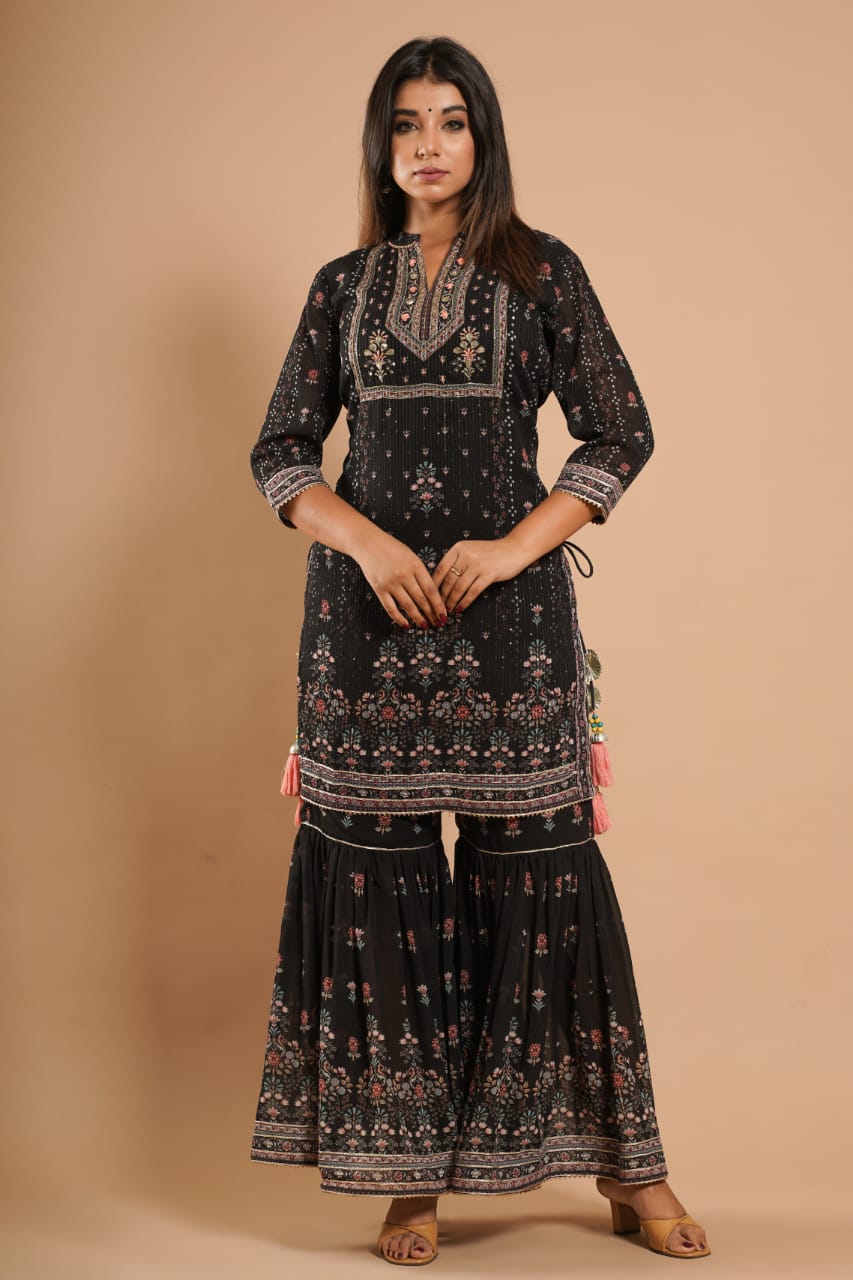 Black Sharara Set by Indian Wear with Black, Ethnic Wear, Georgette, Natural, Prints, Regular Fit, Sharara Sets, Shararas, Womenswear at Kamakhyaa for sustainable fashion