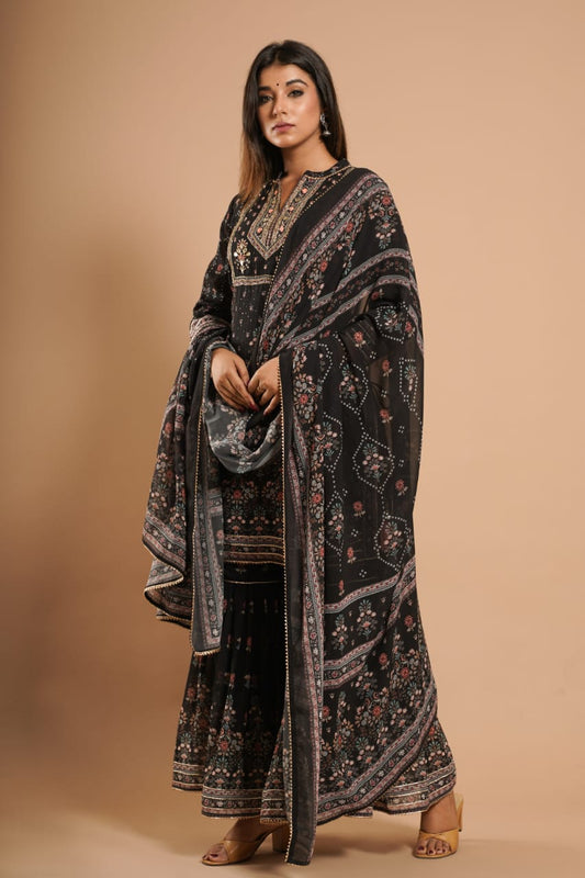 Black Sharara Set by Indian Wear with Black, Ethnic Wear, Georgette, Natural, Prints, Regular Fit, Sharara Sets, Shararas, Womenswear at Kamakhyaa for sustainable fashion