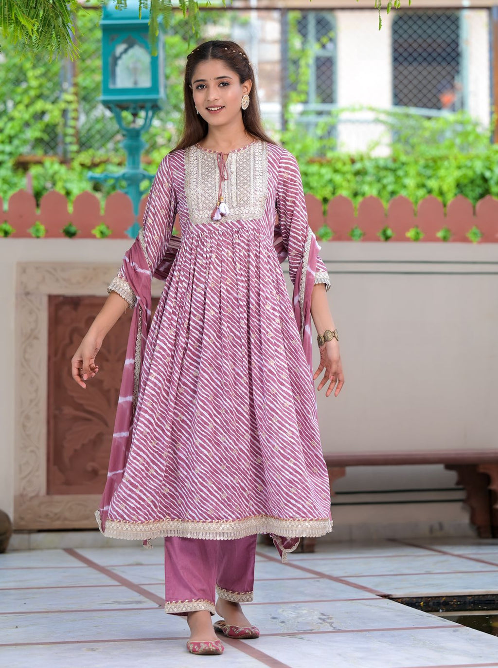 Purple Cotton Kurta Set With Dupatta by Indian Wear with Cotton, Ethnic Wear, Kurta Pant Sets, Kurta Set with Dupattas, Leheriya Prints, Mulmul, Natural, Purple, Regular Fit, Womenswear at Kamakhyaa for sustainable fashion