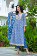 Blue Cotton Kurta Set With Dupatta by Indian Wear with Blue, Cotton, Ethnic Wear, Kurta Pant Sets, Kurta Set with Dupattas, Leheriya Prints, Natural, Prints, Regular Fit, Womenswear at Kamakhyaa for sustainable fashion