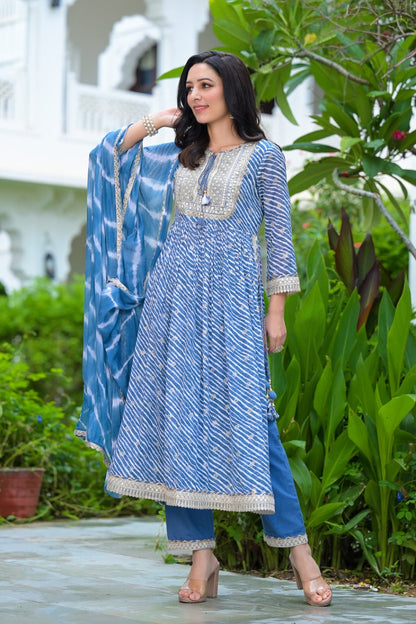 Blue Cotton Kurta Set With Dupatta by Indian Wear with Blue, Cotton, Ethnic Wear, Kurta Pant Sets, Kurta Set with Dupattas, Leheriya Prints, Natural, Prints, Regular Fit, Womenswear at Kamakhyaa for sustainable fashion